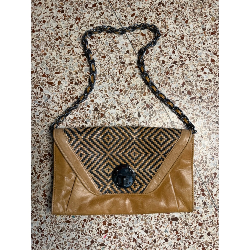 Elliott Lucca Tan Leather Woven Geometric‎ Crossbody Bag Chain Strap Turn Lock